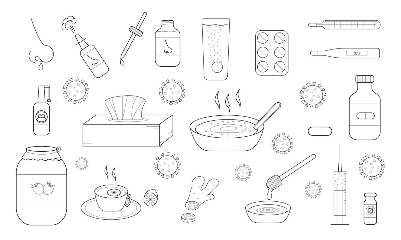 handgetekende set elementen met betrekking tot verkoudheid. behandelingsmethoden voor verkoudheid. vector