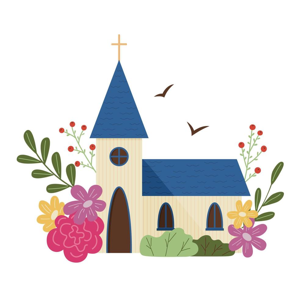 Pasen. vectorillustratie van een tempel omringd door bloemen. vector