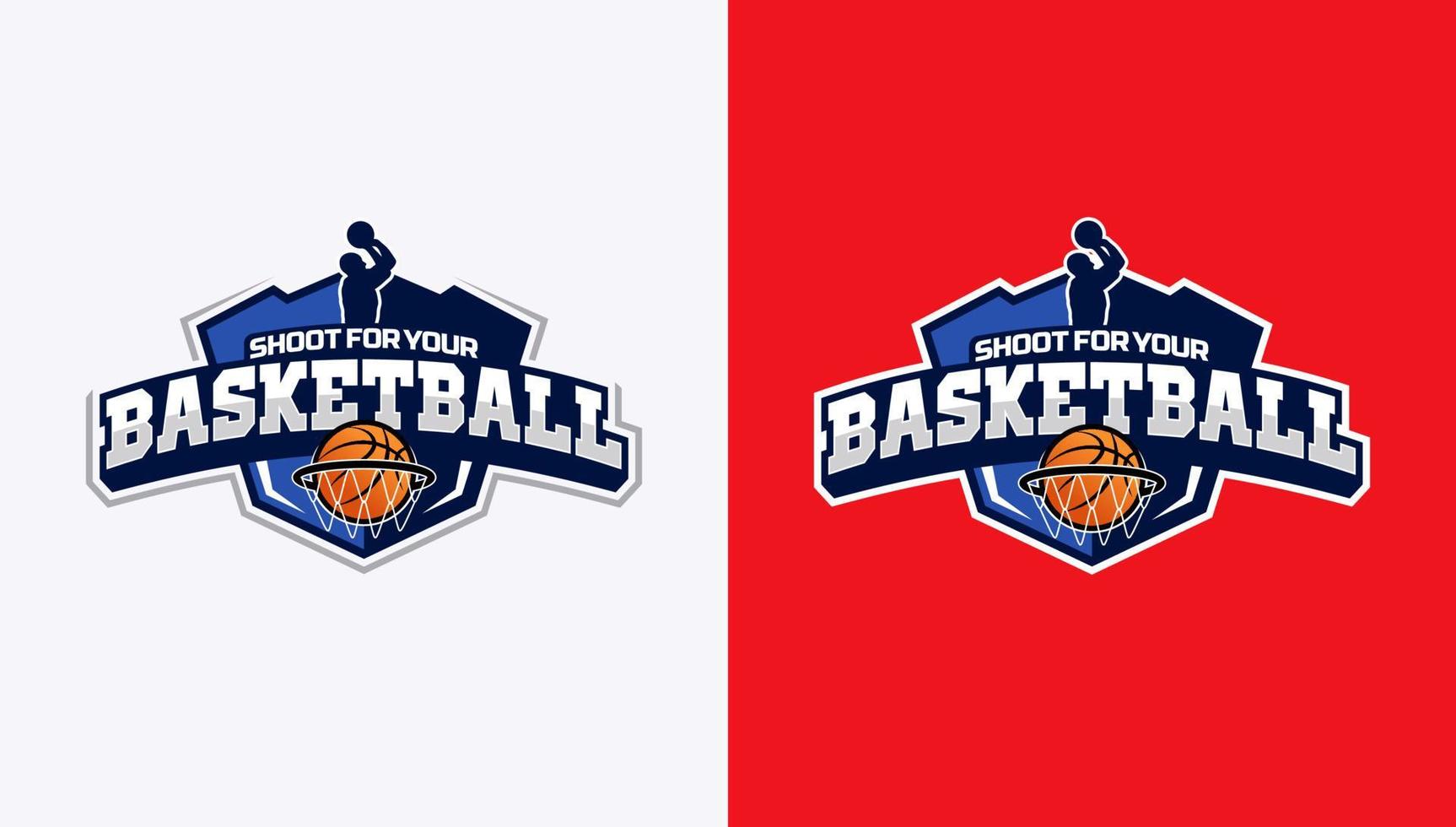 basketbalbadge-logo met het silhouet van de speler die een bal gooit vector