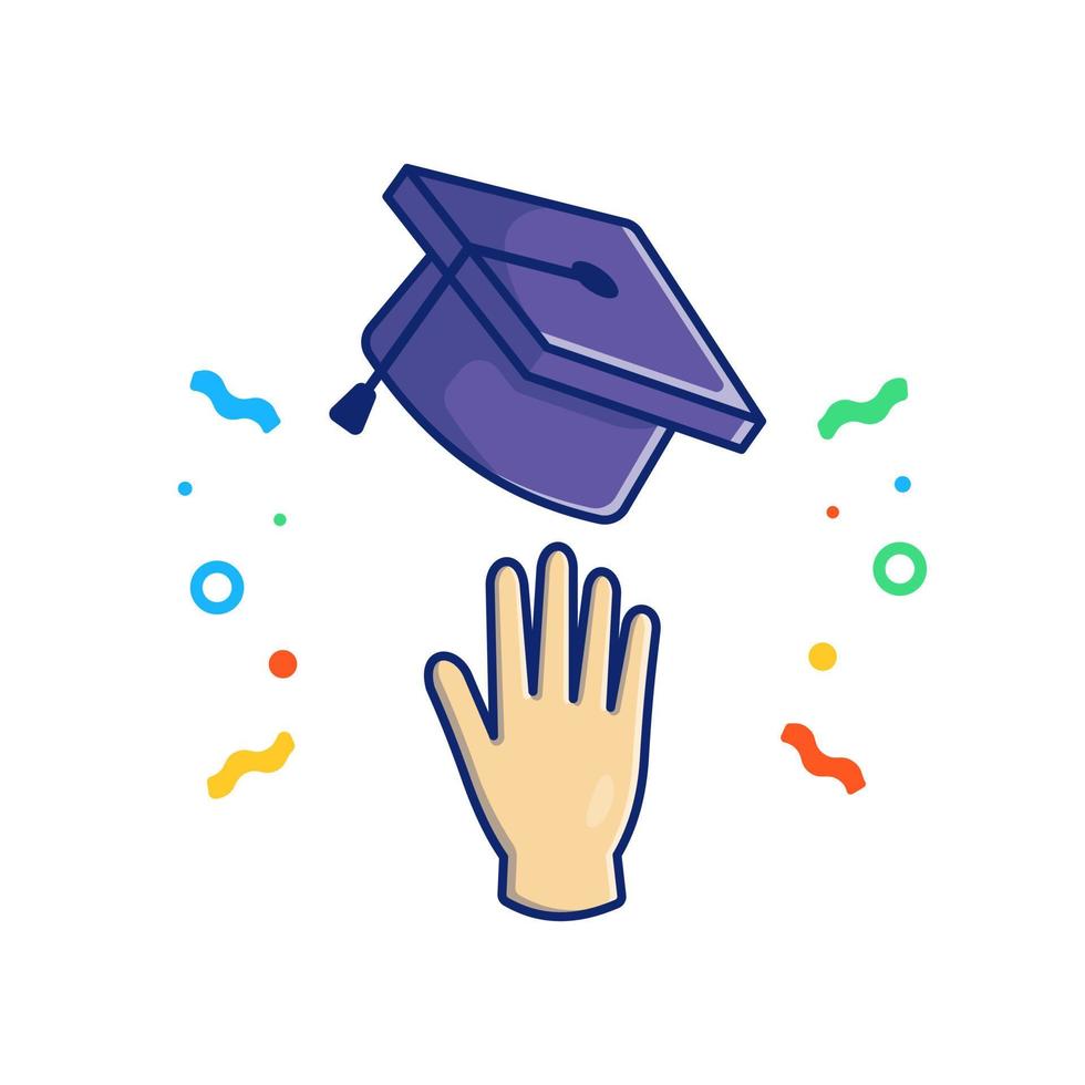 afstuderen hoed, handen en confetti cartoon vector pictogram illustratie. onderwijs mensen pictogram concept geïsoleerde premium vector. platte cartoonstijl