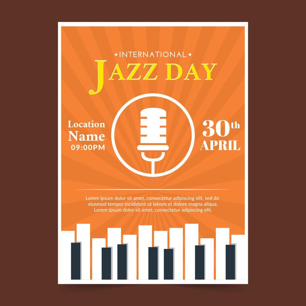 internationale jazzdag platte postersjabloon met piano en microfoon vector