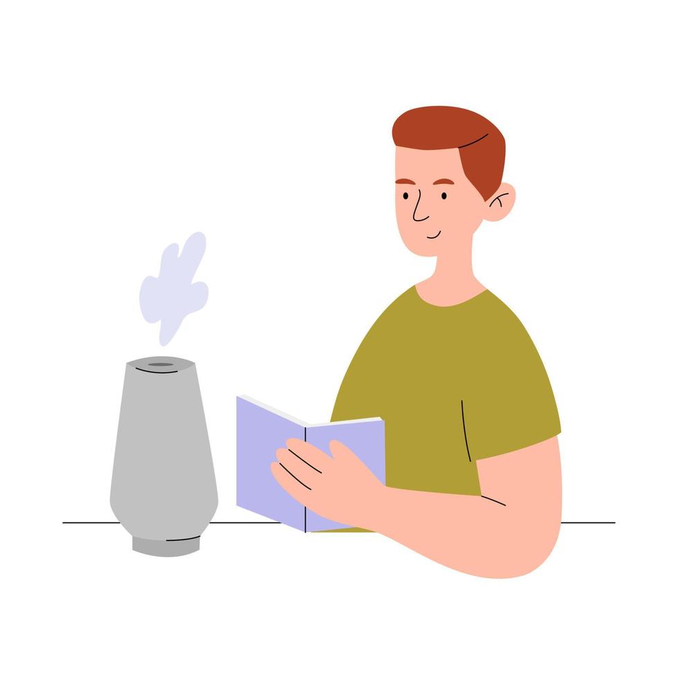 man met boek. concept luchtreiniger in huis. platte vectorillustratie. vector