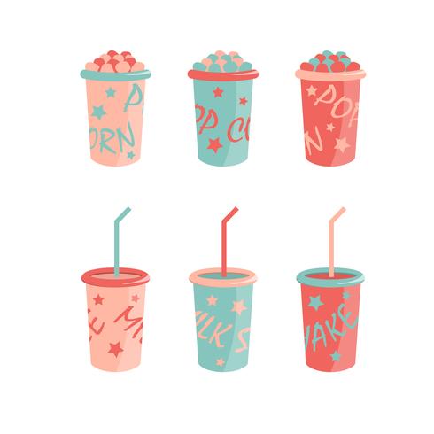 Cartoon pictogrammen. milkshakes en pop corn boxes vector