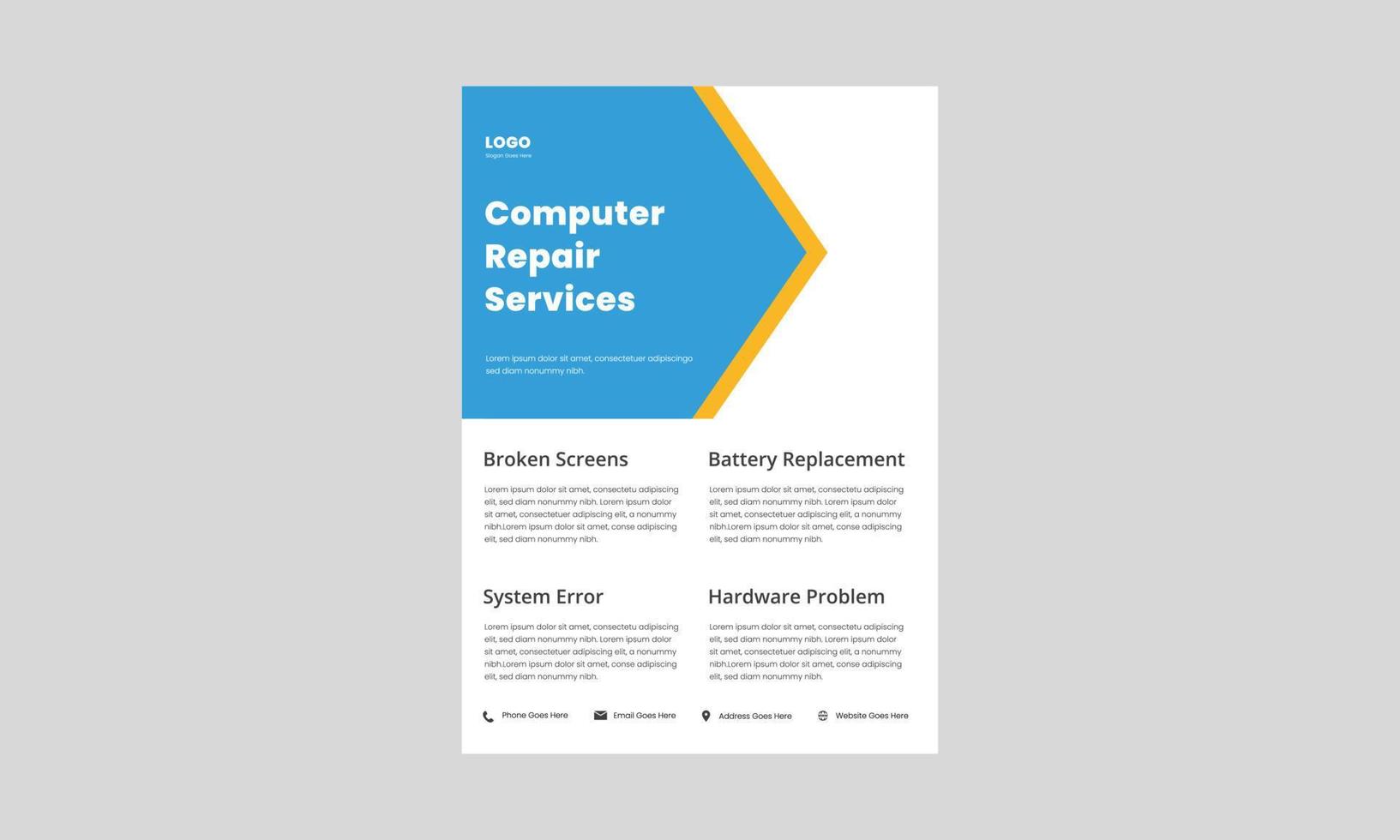 computer reparatie service flyer ontwerp. lokale computerreparatiewerkplaatsposter, folderontwerp. we lossen de computerprobleem-flyer op. vector