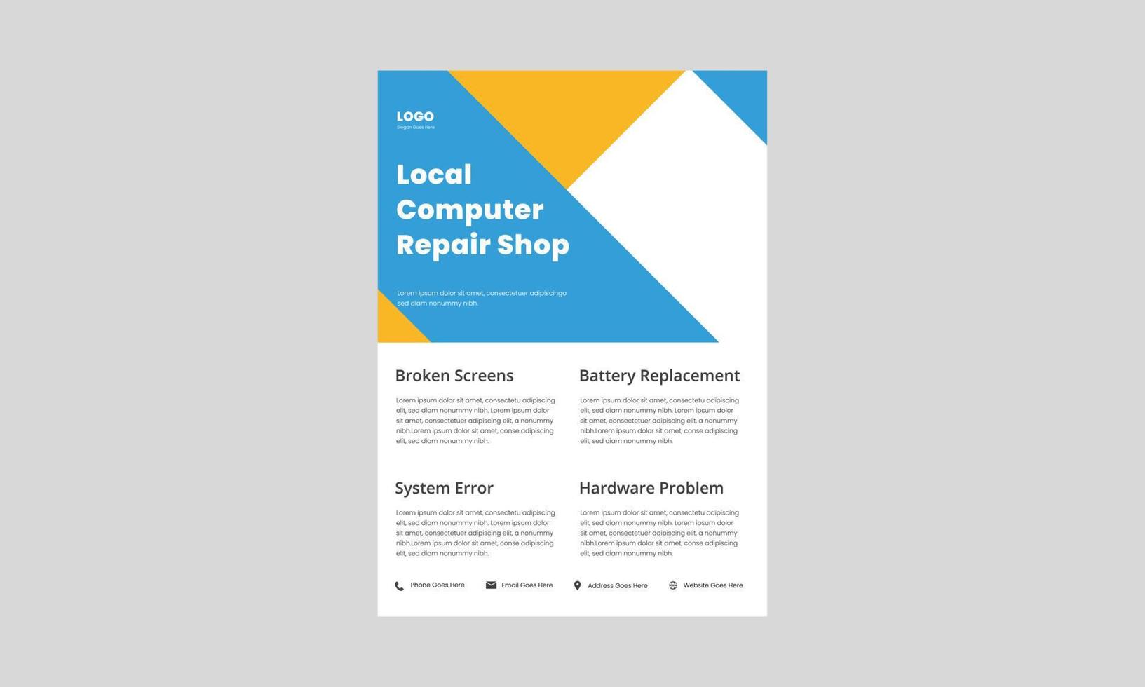 computer reparatie service flyer ontwerp. lokale computerreparatiewerkplaatsposter, folderontwerp. we lossen de computerprobleem-flyer op. vector