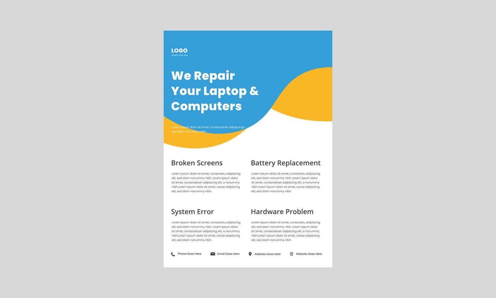 computer reparatie service flyer ontwerp. lokale computerreparatiewerkplaatsposter, folderontwerp. we lossen de computerprobleem-flyer op. vector