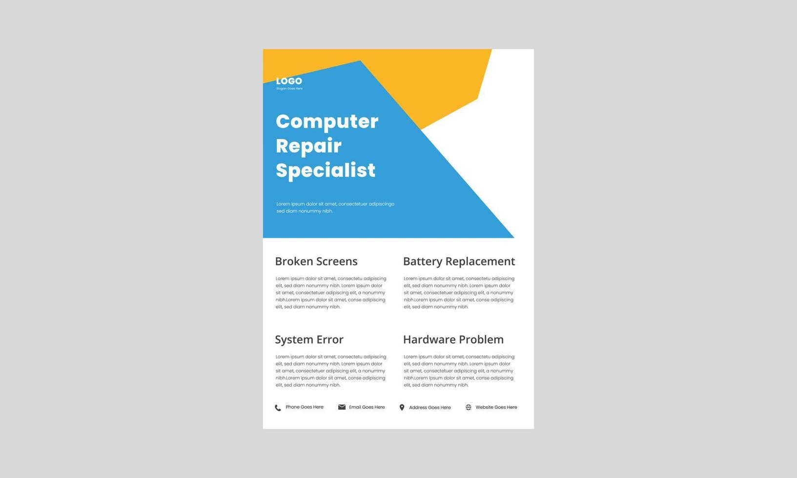 computer reparatie service flyer ontwerp. lokale computerreparatiewerkplaatsposter, folderontwerp. we lossen de computerprobleem-flyer op. vector