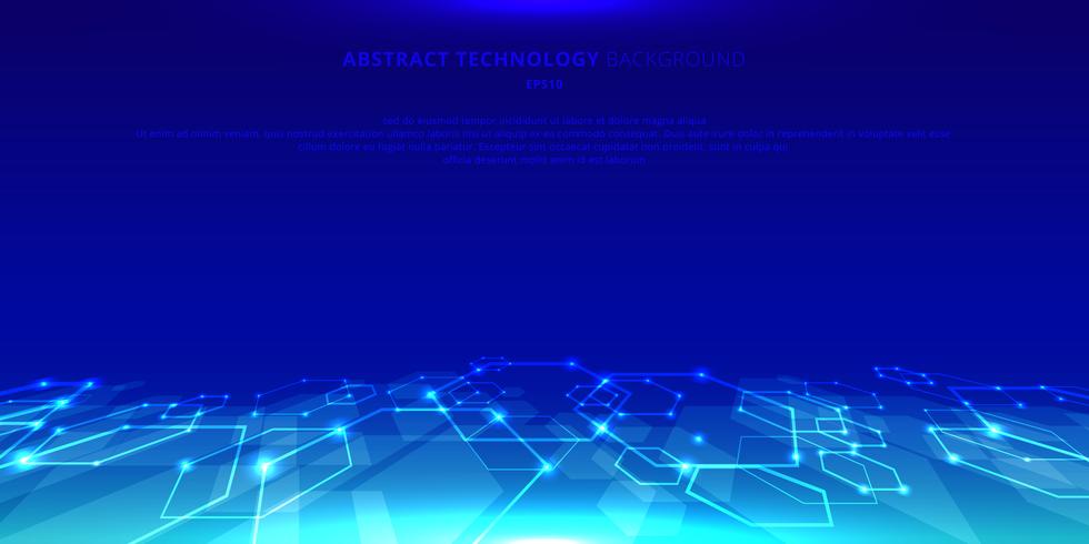 Abstracte technologie zeshoeken genetische en sociale netwerkpatroon perspectief op blauwe achtergrond. Toekomstige geometrische sjabloonelementen zeshoek met gloeiknooppunten. Bedrijfspresentatie voor uw ontwerp met ruimte voor tekst. vector