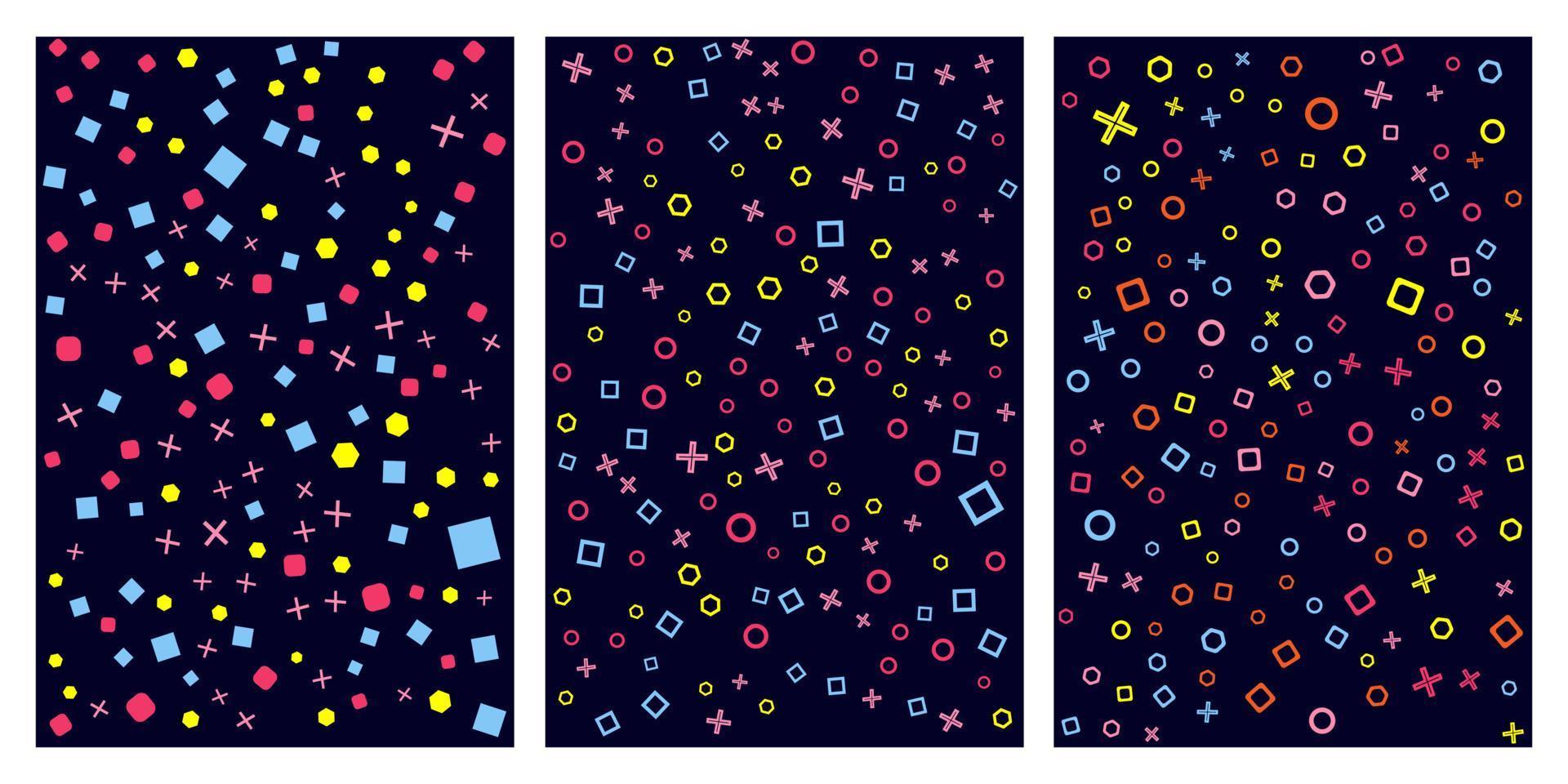 patronen, abstracte geometrische achtergronden met verschillende geometrische vormen - driehoeken, cirkels, punten, lijnen. memphis-stijl. helder en kleurrijk, jaren 90-stijl. naadloos vectorpatroon. neonkleur, rando vector