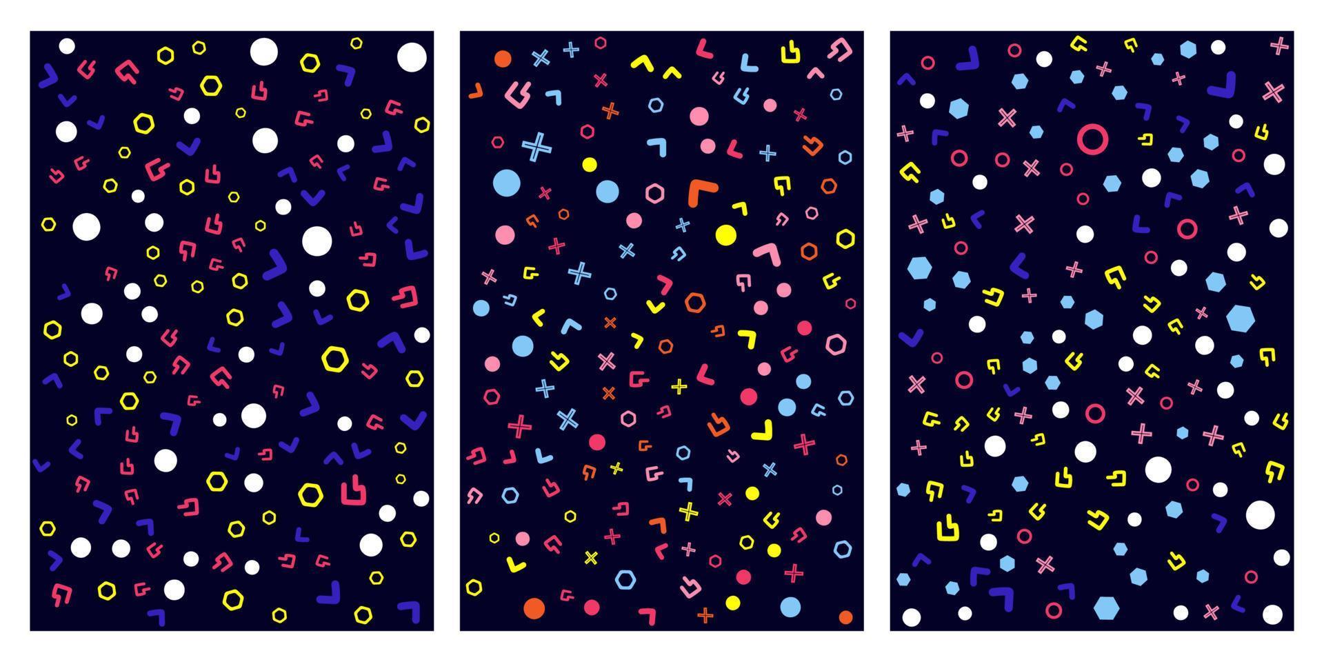 patronen, abstracte geometrische achtergronden met verschillende geometrische vormen - driehoeken, cirkels, punten, lijnen. memphis-stijl. helder en kleurrijk, jaren 90-stijl. naadloos vectorpatroon. neonkleur, rando vector