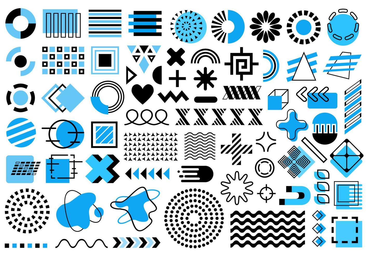zwarte en blauwe memphis-set. eenvoudige geometrische pictogrammen, symbolen en patronen geïsoleerd op een witte achtergrond. abstracte vormen, geometrische vectorontwerpelementen vector