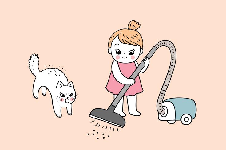 Beeldverhaal leuke meisje en katten schoonmakende vector. vector