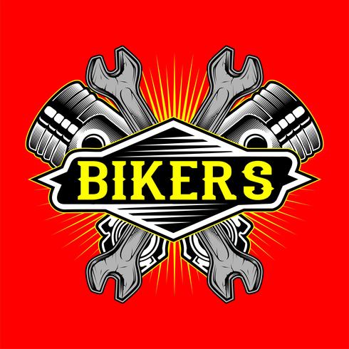 Grunge stijl fietsers logo zuiger en moersleutel hand tekening vector