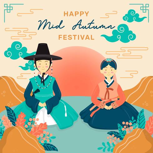 Midden herfstfestival met Koreaanse koreaanse hanbok. Chuseok Festival. Koreaanse Thanksgiving Day, Chinese wolk, bloemstuk. Chinese maantaarten. Stockfoto - Illustratie vector