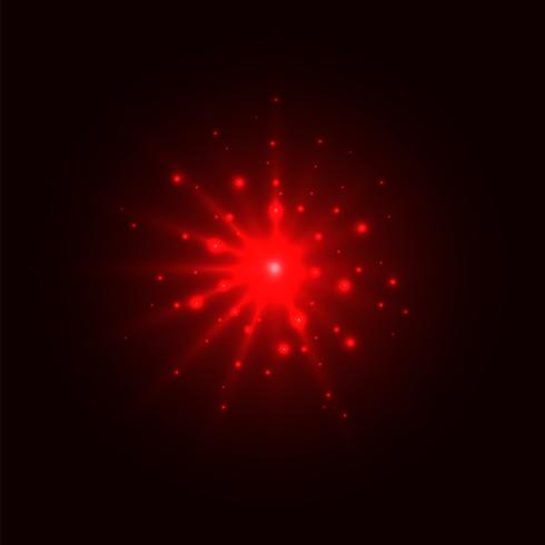 Abstracte rode gloed licht burst explosie met magische felle sparkle center en glitters rond op donkere achtergrond. vector