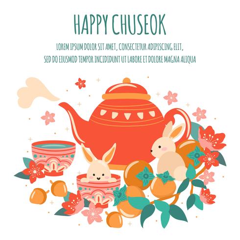 Mid Autumn Festival met schattige theepot, maancake, lantaarn, Acron, konijn, bamboe, kersenbloesem, abrikoos, Chuseok / Hangawi-festival. Thanksgiving Day, Vector - Illustratie