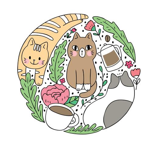 Cartoon schattig kat en koffie vector. Doodle cirkelframe. vector