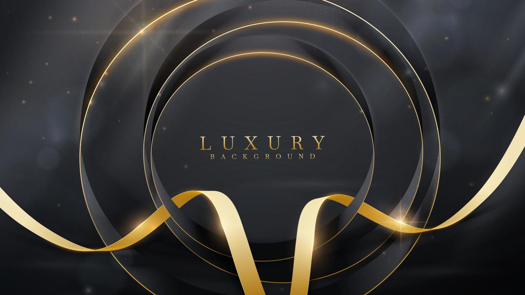 zwart cirkelframe en gouden lintelementen met glitterlichteffecten en bokeh-decoratie. luxe stijl achtergrond. vector