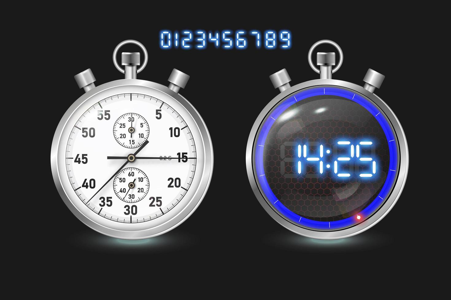 een set sport digitale en analoge stopwatches. voorraad vectorillustratie. vector