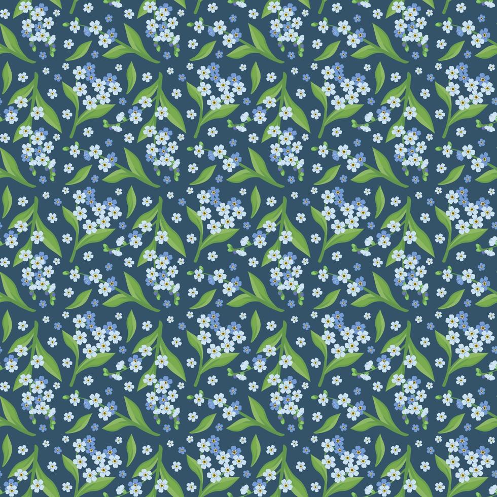 naadloos patroon met kleine blauwe vergeet me niet bloemen en bladeren. veld bloeiende planten. romantische decoratieprint voor bruiloft en design. platte vectorillustratie vector