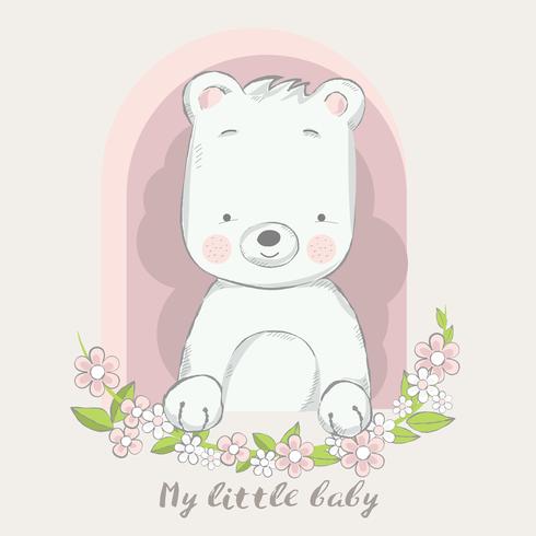 schattige baby beer met bloem cartoon hand getrokken stijl vector