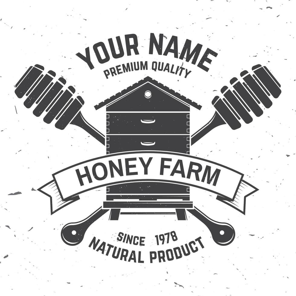 honing boerderij badge. vector. concept voor shirt, print, stempel of tee. vintage typografieontwerp met bijenkorf en honingsdipper silhouet. retro-ontwerp voor honingbijboerderijen vector