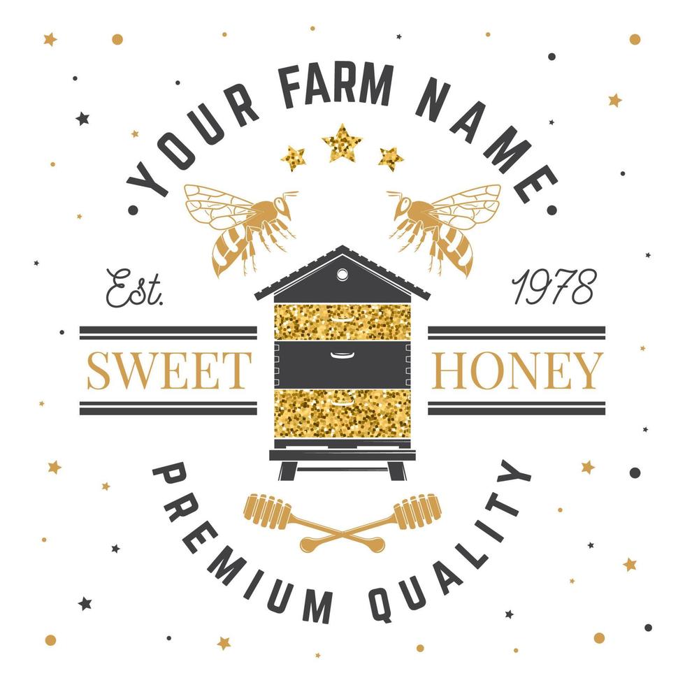 honing boerderij badge. vector. concept voor shirt, print, stempel of tee. vintage typografieontwerp met silhouet van de bij, bijenkorf en honingsdipper. retro-ontwerp voor honingbijboerderijen vector