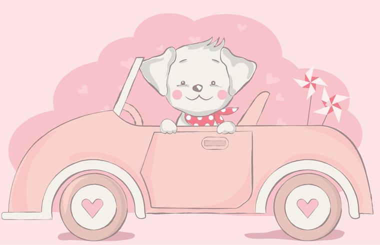 schattige kleine hond met auto cartoon vector