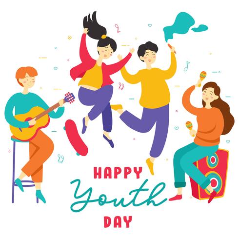 Happy International Youth Day. De mensengroep van de tiener diverse jonge meisjes en jongens die samen handen houden, muziek spelen, vleetraad, partij, vriendschap. Stockfoto - Illustratie vector