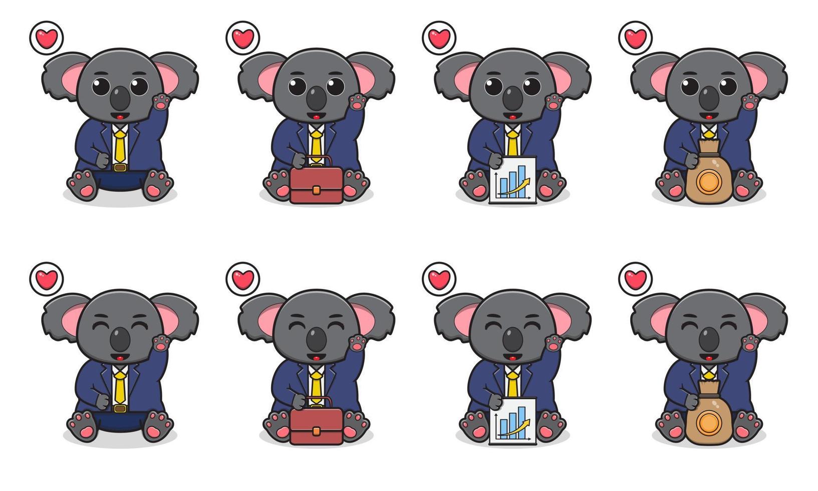 vectorillustratie van schattige zittende koala cartoon met zakenman kostuum en hand omhoog pose vector