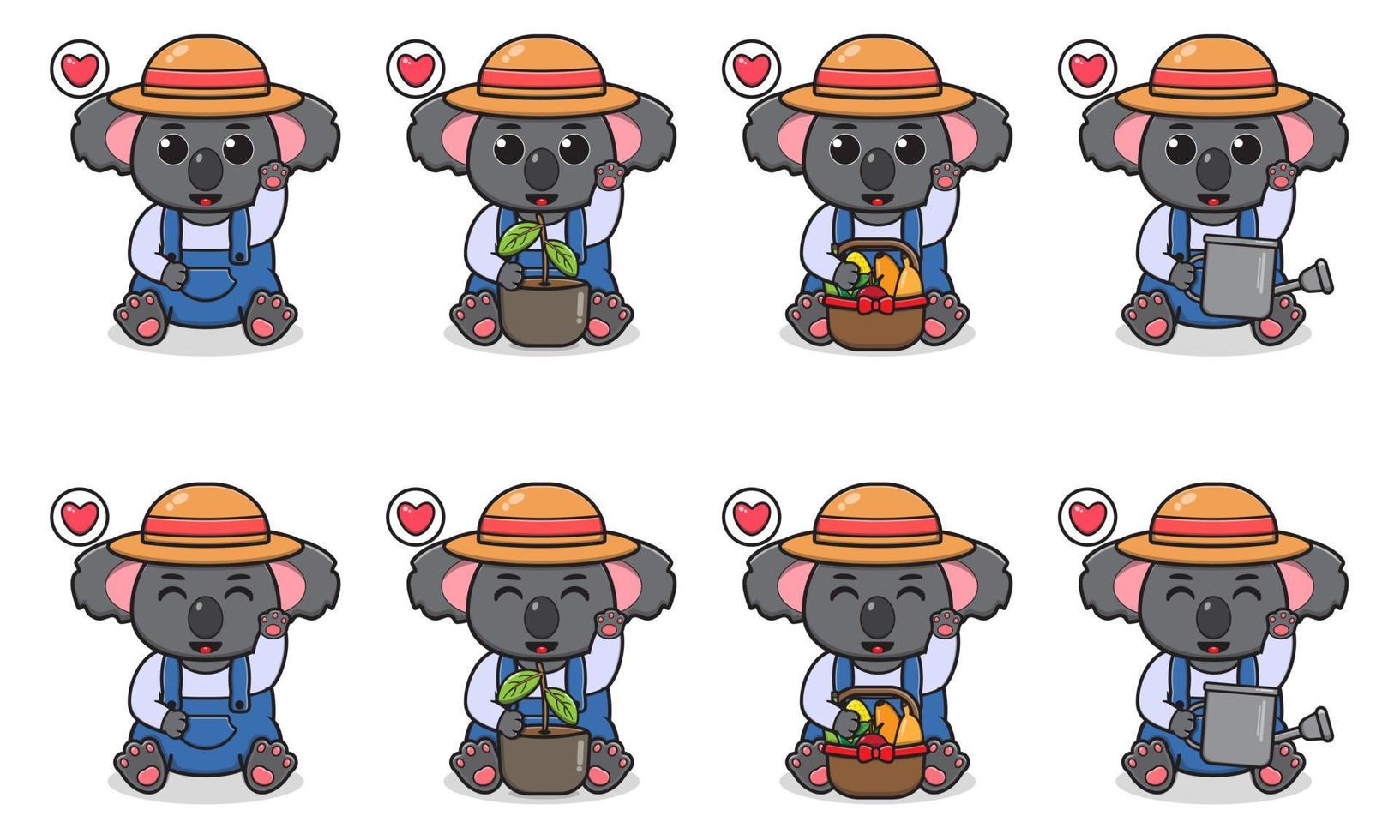 vectorillustratie van schattige zittende koala cartoon met boer kostuum en hand omhoog pose vector