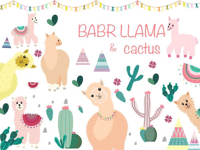 Lama en Cactus Clipart-bundel, geen drama Lama&#39;s grafische set. vector