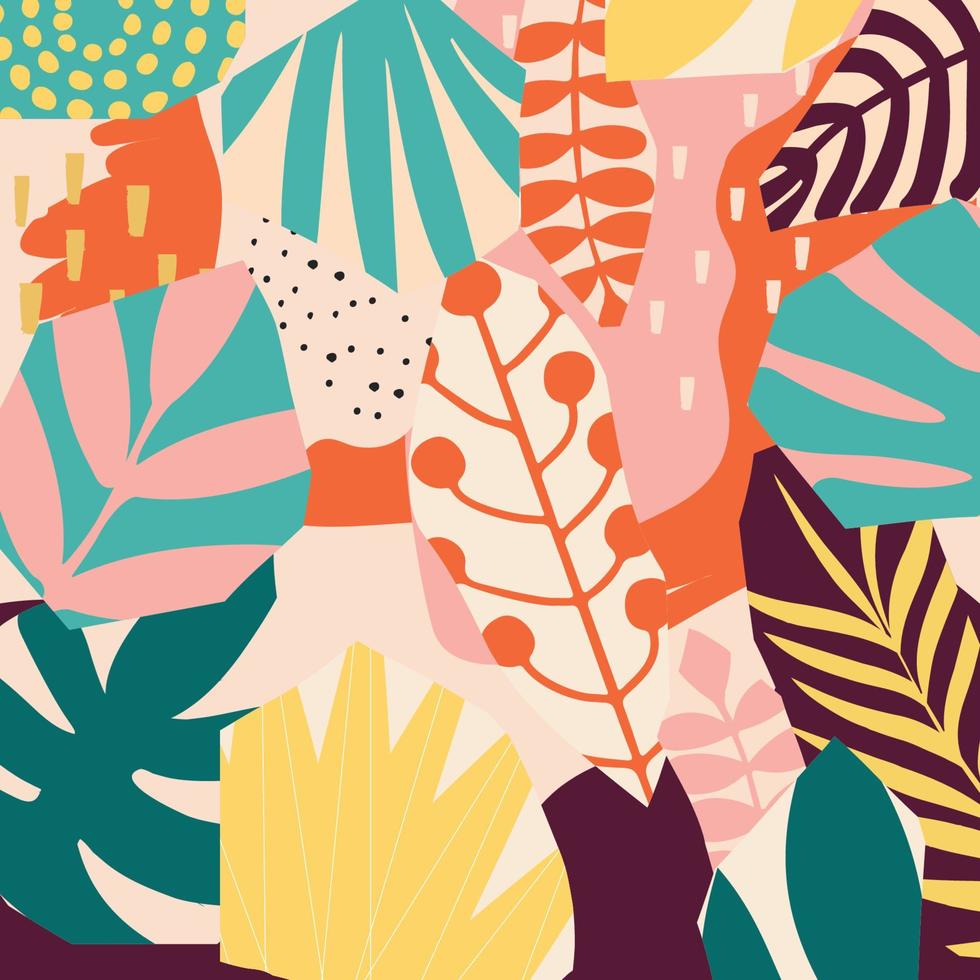 kleurrijke tropische bladeren en bloemen poster achtergrond vectorillustratie. exotische planten, takken, bloemen en bladeren art print voor beauty en natuurlijke producten, spa en wellness, stof en mode vector