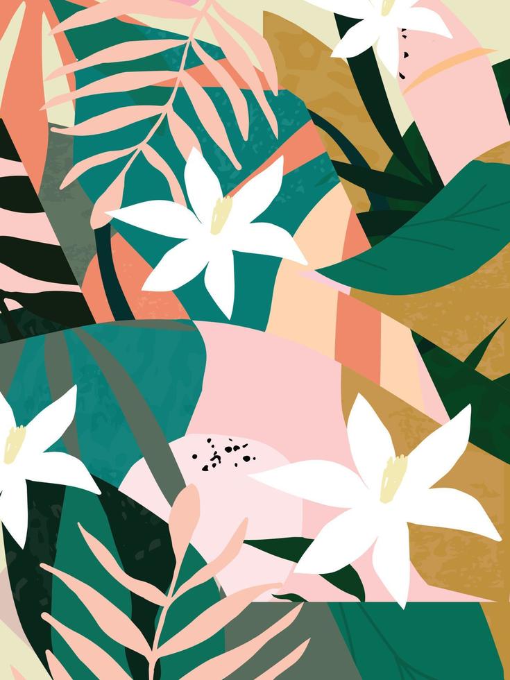 botanische poster vectorillustratie. gebladerte tekenen met abstracte vormen. minimaal en natuurlijk, bladeren, varens en bloemen art print. abstract plantontwerp voor achtergrond, behang, kaart, kunst aan de muur vector