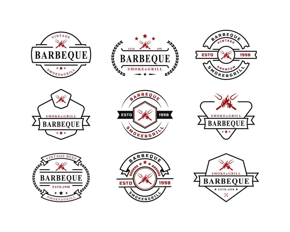 vintage retro badge voor grill barbecue barbecue bbq met gekruiste vork en vuur vlam logo embleem ontwerp symbolenset van vintage retro voor grill barbecue barbecue bbq gekruiste vork en vuur vlam logo vector