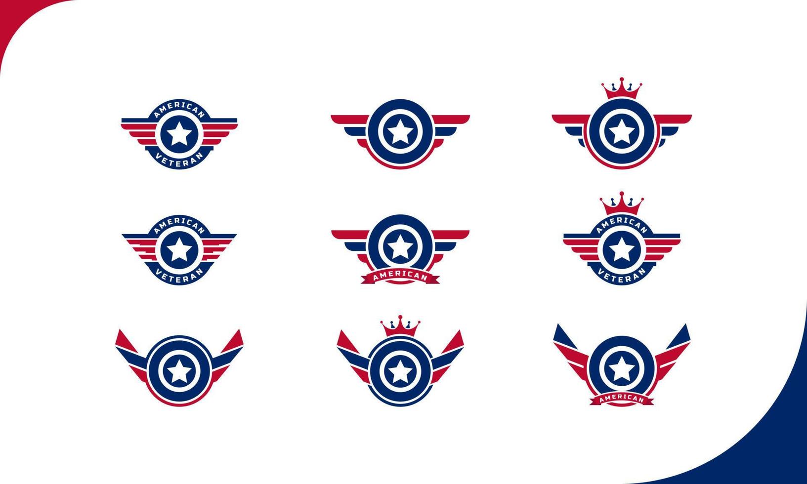 set embleem patriottische Amerikaanse veteraan vlag embleem vleugels logo. sterren militaire badges vector illustratie