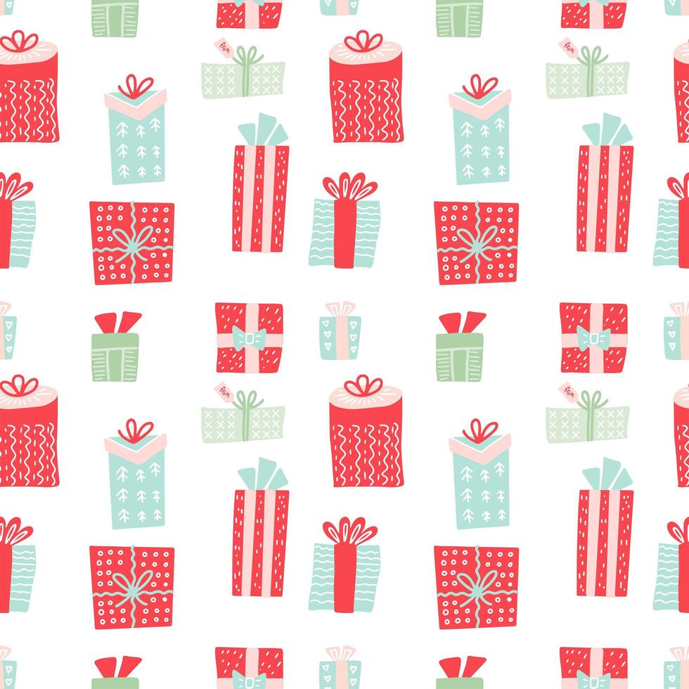 naadloos patroon met geschenkdozen. kerstcadeautjes en nieuwjaarsdecoratie. vectorpatroon voor stof, textiel, inpakpapier, kaart, achtergrond of andere decoratie in platte doodle-stijl. vector