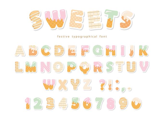 Snoepjes bakkerij lettertype ontwerp. Grappige Latijnse alfabetletters en cijfers gemaakt van ijs, chocolade, koekjes, snoepjes. Voor kinderen verjaardag of baby shower decoratie. vector