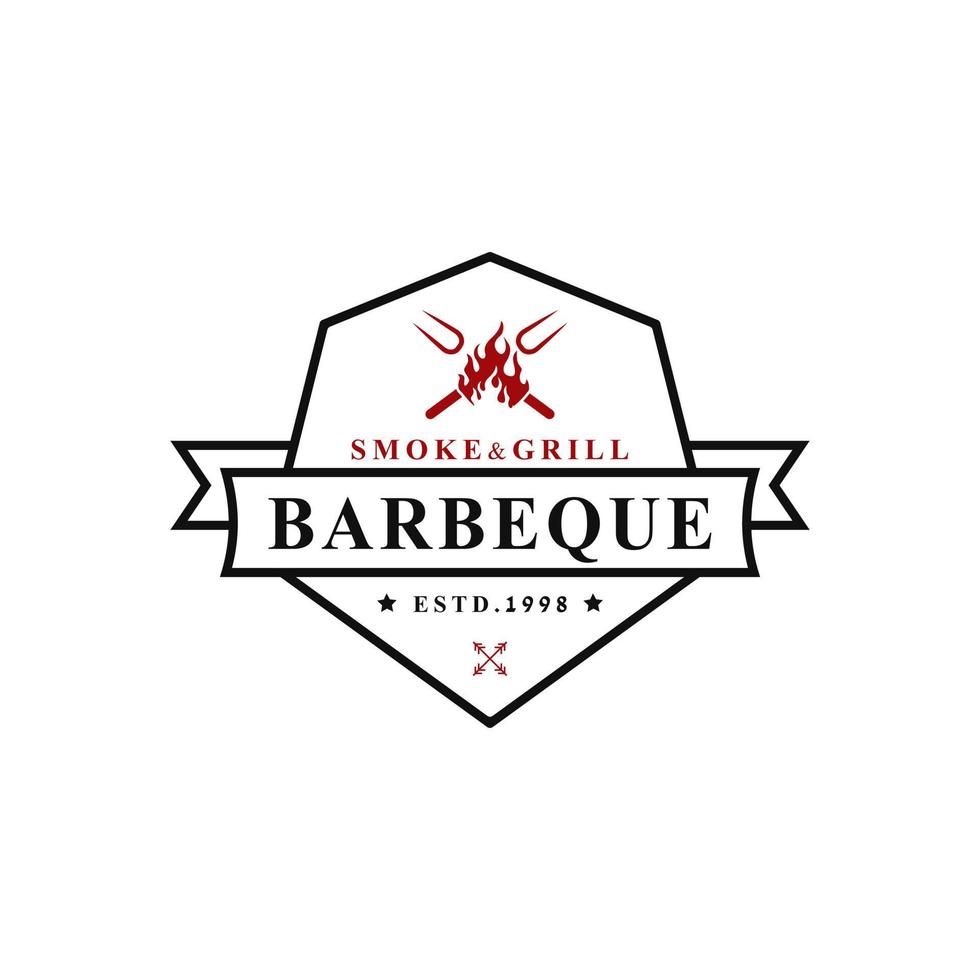 vintage retro badge voor grill barbecue barbecue bbq met gekruiste vork en vuurvlam logo embleem ontwerp symbool vector