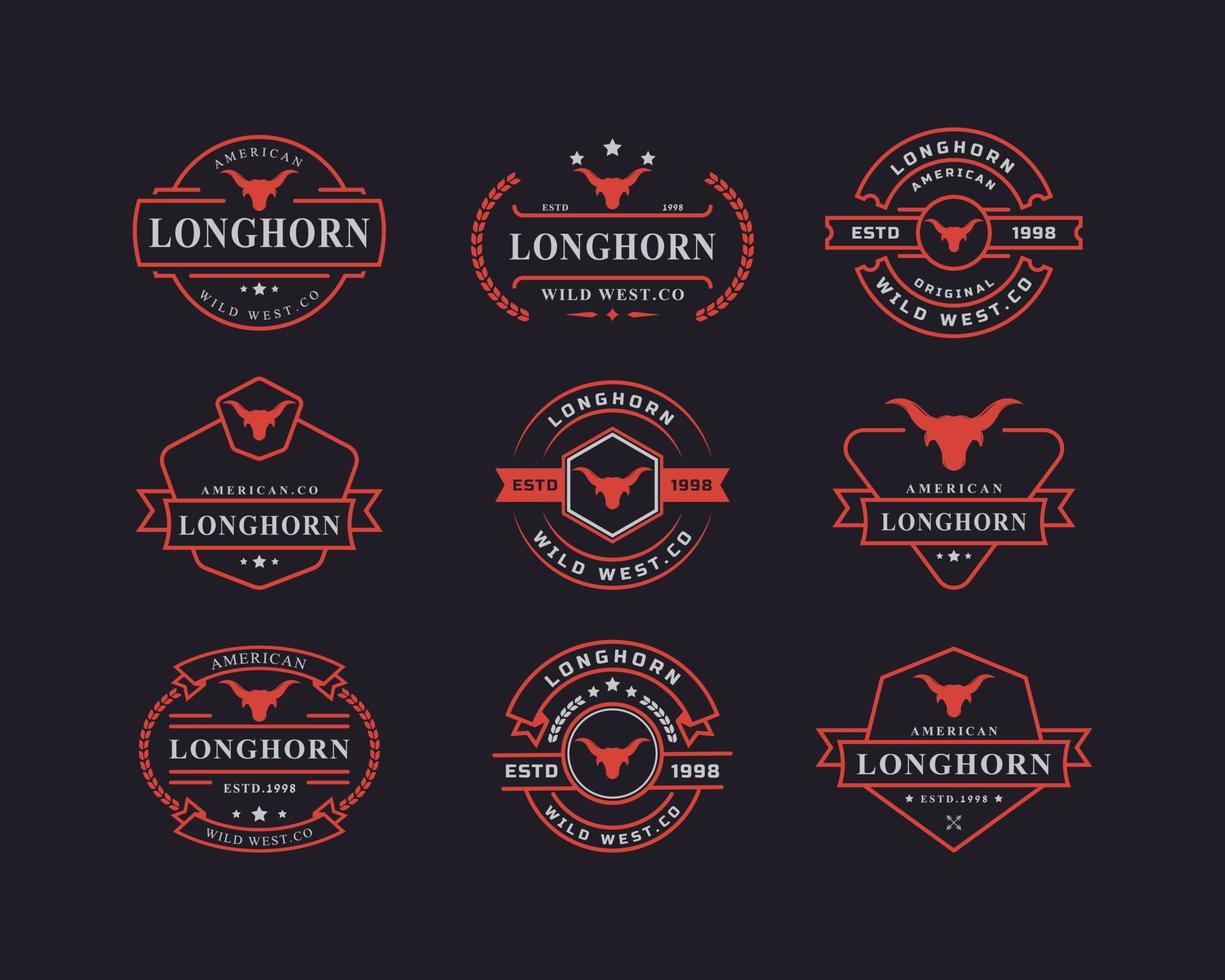 set van vintage retro badge voor texas longhorn western stier hoofd familie platteland boerderij logo ontwerp sjabloon element vector