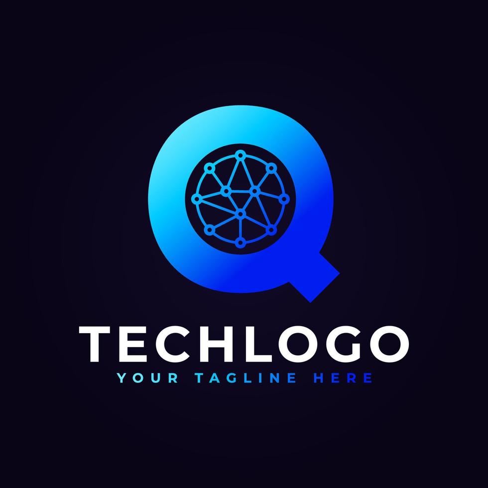 tech letter q-logo. blauwe geometrische vorm met stip cirkel verbonden als netwerk logo vector. bruikbaar voor bedrijfs- en technologielogo's. vector