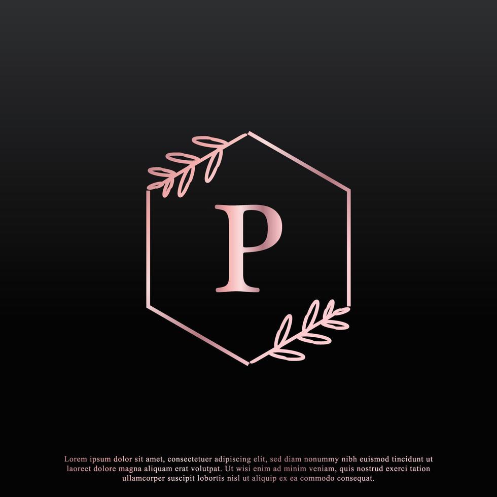 elegant p-letter zeshoekig bloemenlogo met creatieve elegante bladmonogram-taklijn en roze zwarte kleur. bruikbaar voor bedrijfs-, mode-, cosmetica-, spa-, wetenschaps-, medische en natuurlogo's. vector