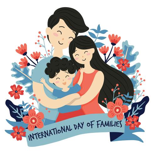 Hand getekend internationale familiedag / internationale dag van gezinnen met bloem krans liefde achtergrond - vader moeder dochter zoon baby vectorillustratie vector