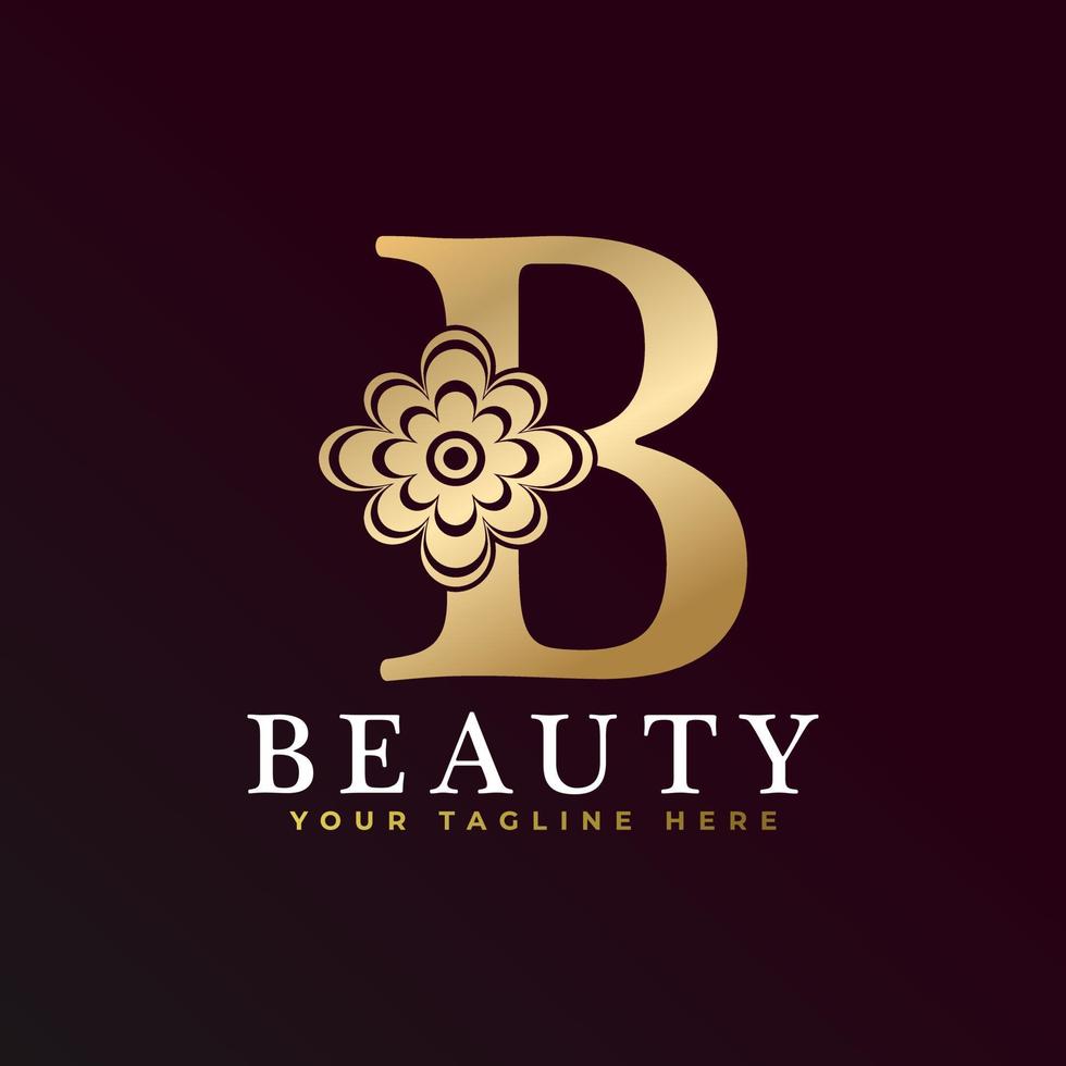 elegant b luxe logo. gouden bloemen alfabet logo met bloemen bladeren. perfect voor mode, sieraden, schoonheidssalon, cosmetica, spa, boetiek, bruiloft, postzegel, hotel- en restaurantlogo. vector