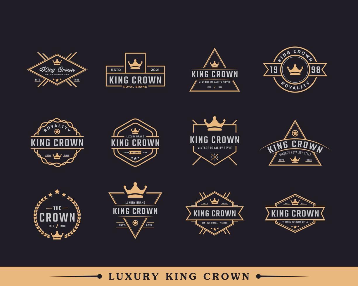 set van klassieke vintage retro label badge voor luxe gouden koning kroon koninklijke logo ontwerp inspiratie vector