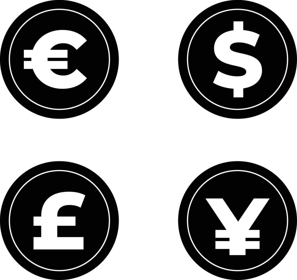 geldsymbool zwarte cirkel ingesteld op wit, internationale valuta icon set, geldsymbool, geld valutateken, dollar, euro, yen, pond vector