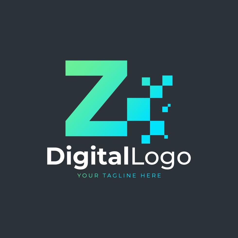 tech letter z-logo. blauwe en groene geometrische vorm met vierkante pixelstippen. bruikbaar voor bedrijfs- en technologielogo's. ontwerpideeën sjabloonelement. vector