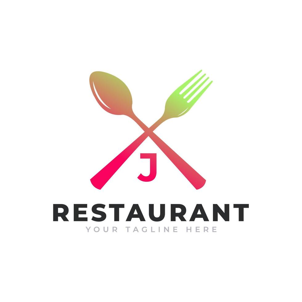 restaurantlogo. beginletter j met lepelvork voor restaurant logo pictogram ontwerpsjabloon vector