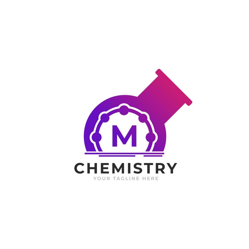 letter m binnen chemie buis laboratorium logo ontwerp sjabloon element vector