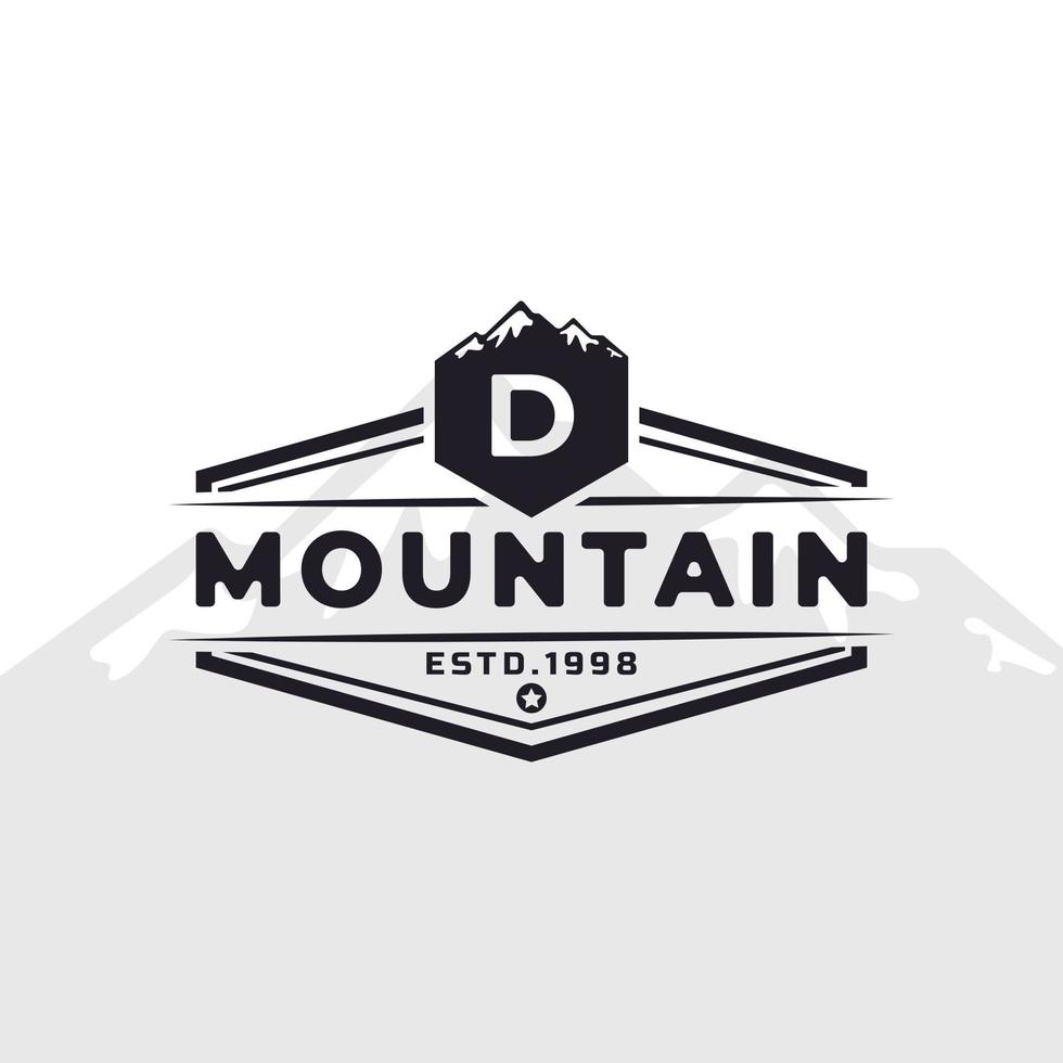 vintage embleem badge letter d berg typografie logo voor outdoor avontuur expeditie, bergen silhouet shirt, print stempel ontwerp sjabloon element vector